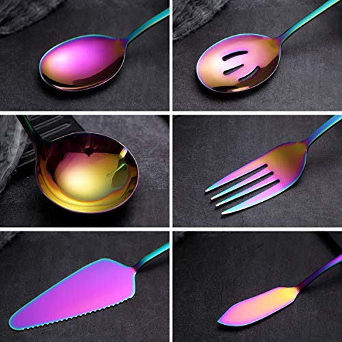 Rainbow Serveerlepels Set 6 Stuks, Serveergerei Set Inclusief Taartschep Sleuf Lepel Serveerlepel Serveervork Pollepel Botermes Spreader Serveerset Vaatwasmachinebestendig - Afbeelding 8