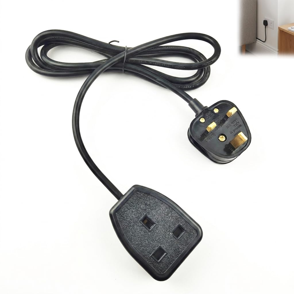 3m Single Socket Extension Lead Black, 13A 250V Heavy Duty Power Cable with Fuse Protection, Pure Copper Wire UK Plug Extension for Home Office Garden Use