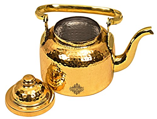 INDIAN ART VILLA Hammered Designer Brass Tea Kettle Pot Inside Tin Lining, Serving Tea Coffee, Tableware, 1300ml Gold - Image 4