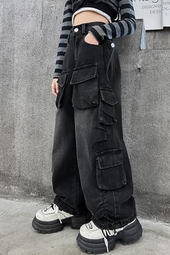 Image of Rolanko Girls Cargo Pants Baggy Y2K Cargo Trousers Jeans Wide Leg Pants with Multi Pockets 4-15 Years