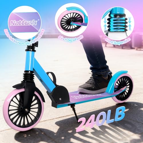 Image of Nattork Kick Scooter for Age 6+ Kids Teens Adults, Max Load 240 LBS, Adjustable Height Foldable with 8 inch Large Wheels, Anti-Shock Suspension