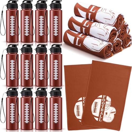 Reallnaive 24 Pcs Sports Water Bottle Cooling Towel Set Include 12 Reusable Plastic 17oz Squeeze Biking Water Bottle Tumbler 12 Ice Towel Breathable 40x12 Cooling Towels for Team Gift (Football)