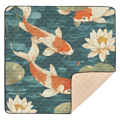 Kigai Koi Lotus Flowers Baby Play Mat for Floor and Playpen 50x50 inch Non-Slip Baby Activity Playmat Waterproof Foldable Crawling Mat for Infants Toddlers
