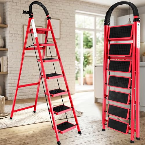 Image of Norman Jr Red 7 Step Ladder for Home Use with Built-in Tool Tray | Heavy Duty D Shape Rods | Ultra Large Platform | Wide Rubber Feet | 150Kg Capacity Foldable Ladder - 7 Years Warranty