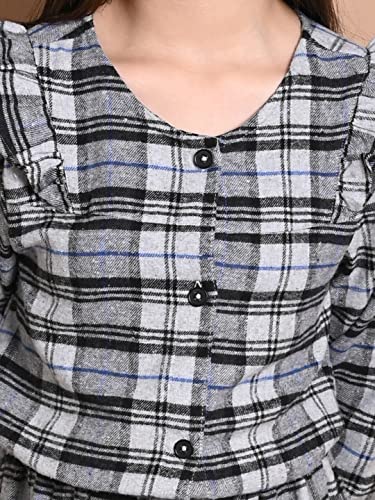 Image of LILPICKS Girls Checkered Print Button Down Long Sleeve Fit n Flare Dress (Grey Black)