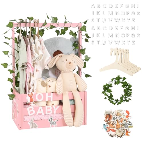 Baby Shower Gifts Basket Wooden Crate, Personalized Wooden Letters and Clothes Hangers New Born Baby Girl Boy Gifts Vine Decorations Cute Closet with Handle Pregnancy Gifts for New Mom Parents Pink