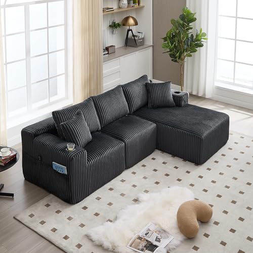 Bladez Sofá cama modular en forma de L, sofá cama de pana con espuma viscoelástica, sofás seccionales en la nube para el salón, no requiere montaje (gris + corduroy + espuma + 3 asientos)