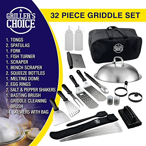 Grillers Choice 32 Piece Griddle Accessories Set Metal Spatulas - Commercial Heavy Duty Stainless Steel,Flat Top,Grill,Indoor-Outdoor,Hibachi,Bbq Grilling Utensils- Designed By Chef And Bbq Judge #TOP1