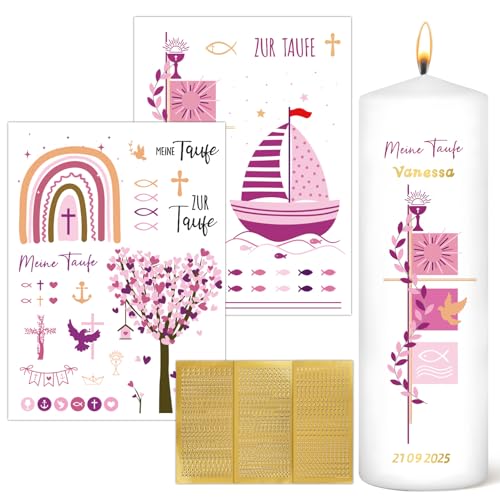 BOFUNX 2pcs Kerzentattoos Taufe Kerzen Tattoofolie + 3pcs Groß- und Kleinbuchstaben Kerzen Sticker Gold Zahlen Aufkleber für Taufkerze Basteln