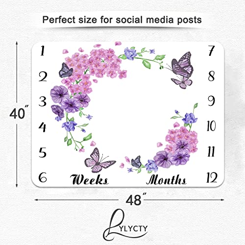 Image of Baby Monthly Milestone Blanket - Floral Butterfly Pattern, Purple, 48x40 Inch, Swaddling & Photo Memory Blanket for Girls