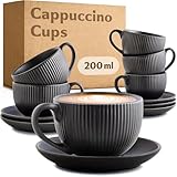 Cosumy Cappuccino Cups with Saucers - Set of 6 - Black matt - 200ml - Stripe Pattern Ceramic - Dishwasher Safe - Grooved Coffee Mugs with Handle