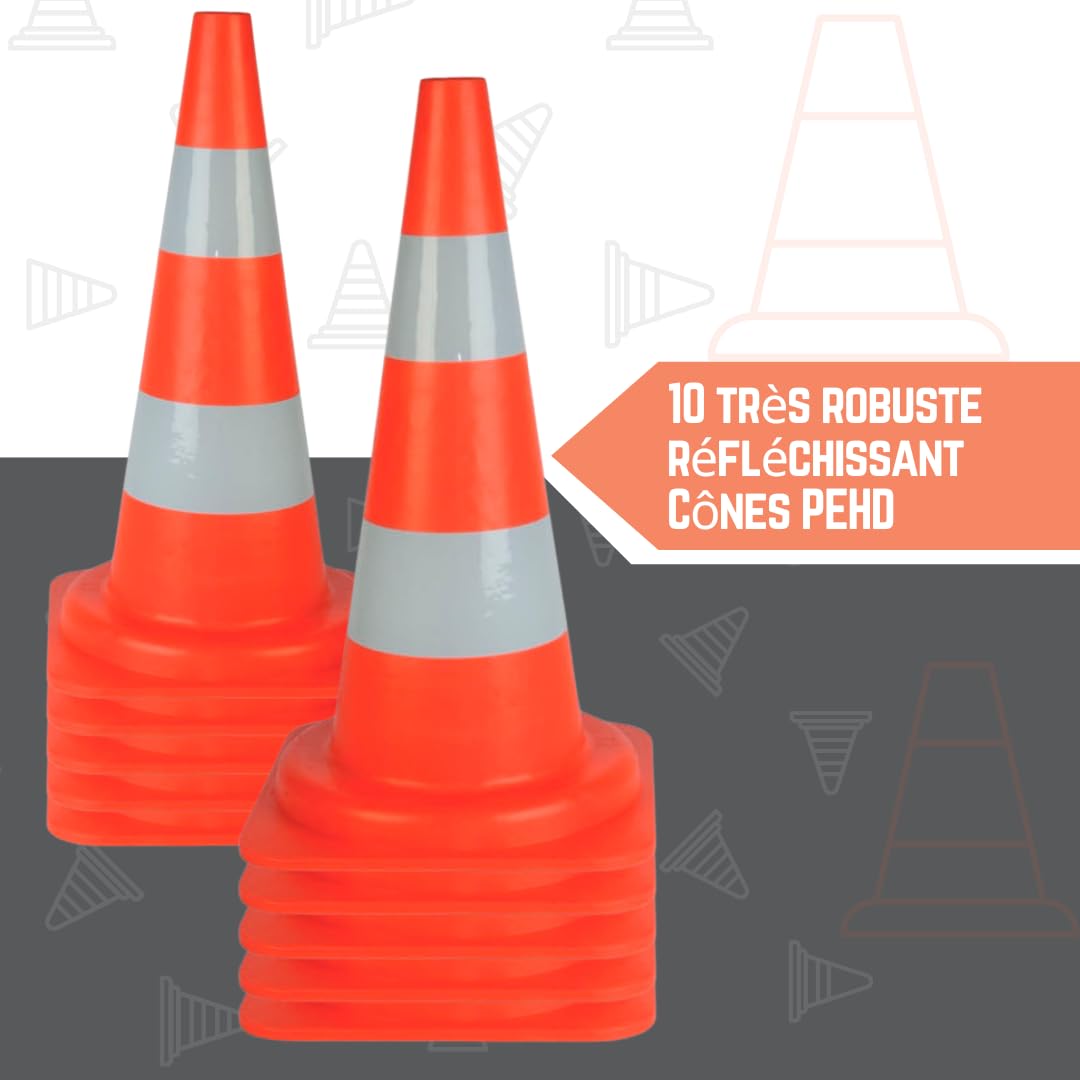 Lot de 10 cônes de signalisation de 53 cm - Orange réfléchissant - Cônes d'avertissement HDPE - 53 cm de haut - Pylons - Cônes d'avertissement réfléchissants