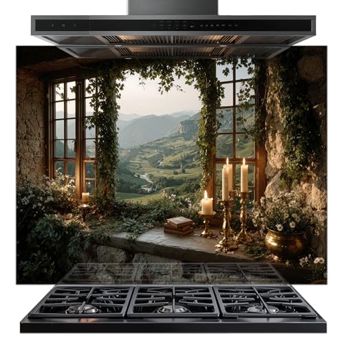 Tempered Glass Backsplash with Rustic Window Design