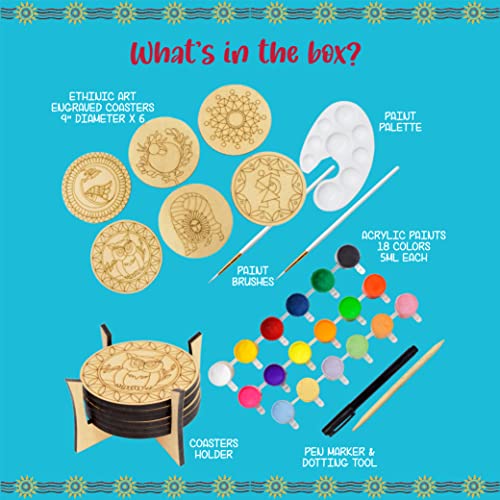 Image of Kalakaram Paint Your Own Ethnic Art Coasters DIY Kit with Design Paint 6 Coasters with 3 Art Forms