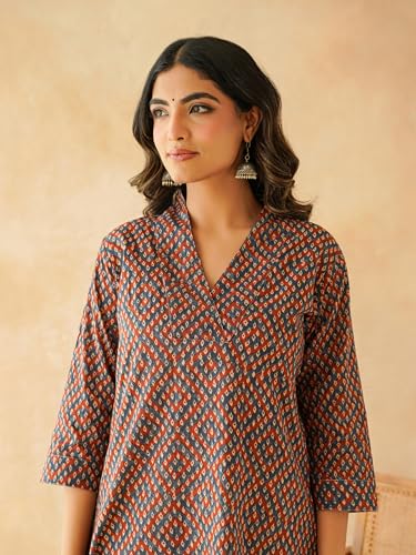 Image of GOODHAND Women Cotton Block Printed Kurta, Straight Fit Ethnic Kurti for Daily,Office & Casual Use