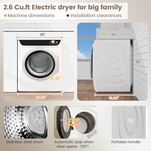 Image of VCJ 2.6 cu.ft Portable Dryer, 1400W Electric Clothes Dryer with 5 Drying Modes & Stainless Steel Tub, Front Load Compact Dryer for Home, Apartment, Dorms