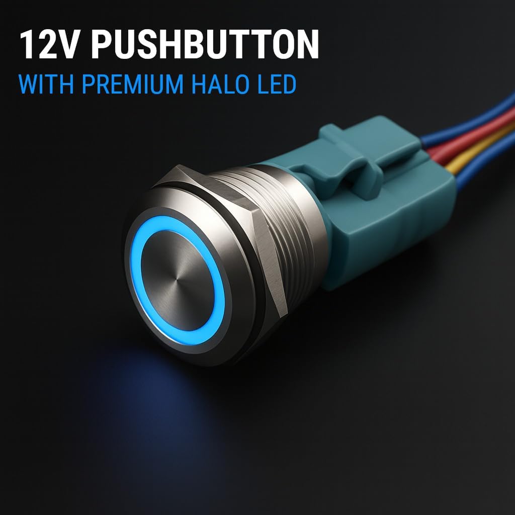 MGI SpeedWare Billet Push Button Switch 22mm with Socket, 3A 12vDC Ring LED (Latching, Blue)