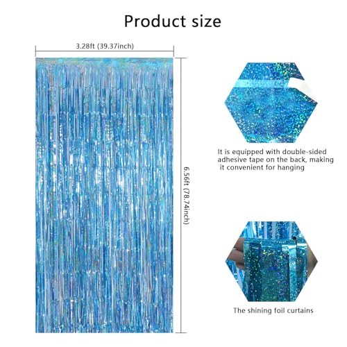 Image of Light Blue Metallic Streamer Backdrop with Glitter Tinsel,3.28 x 6.56ft Foil Fringe Curtains for Gender Reveal & Ocean Theme Wall Hanging Party Supplies, Birthday /Wedding /Photoshoot
