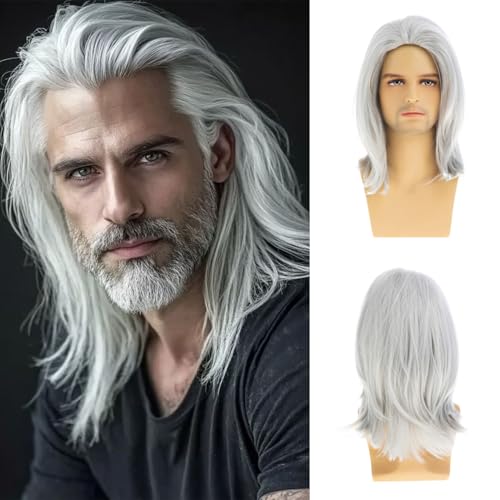 Sallcks Mens Wig White Long Straight Synthetic Heat Resistant Costume Cosplay Hair Wig