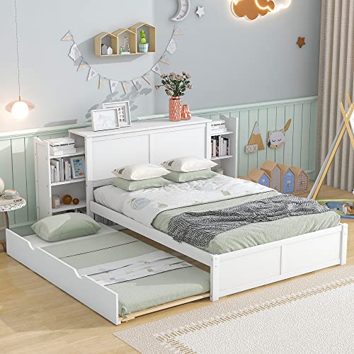 Image of P PURLOVE Full Size Platform Bed Frame with Headboard Full Size Bed with Trundle and Storage Full Size Bed with Pull Out Shelves for Kids Teens,White