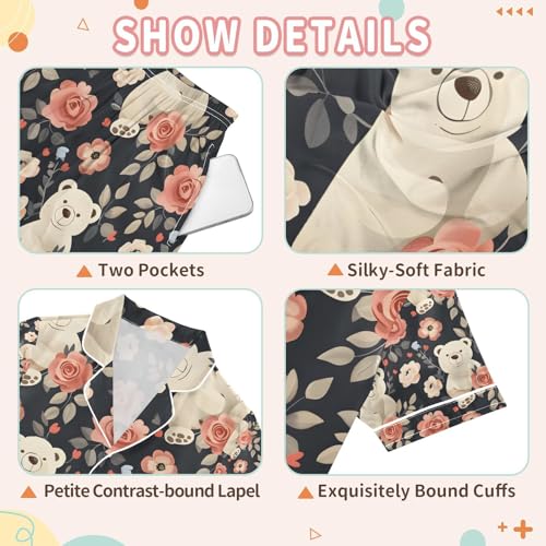 senya Bears and Beautiful Roses Satin Summer Pajama Sets Silk Short Sleeve Button Down Sleepwear3