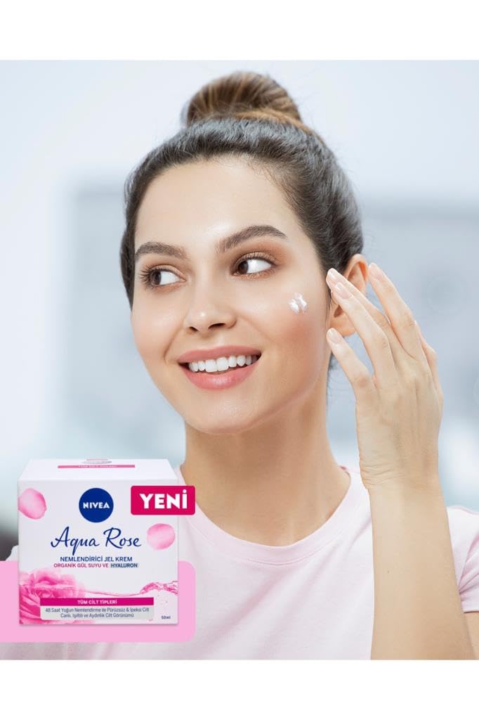 NIVEA Aqua Rose Hyaluron ve Organik Gül Suyu İçeren Nemlendirici Jel Yüz Kremi, 50 ml, 48 Saat Yoğun Nemlendirme, Tüm Cilt Tipleri için, Işıltılı, Pürüzsüz Cilt