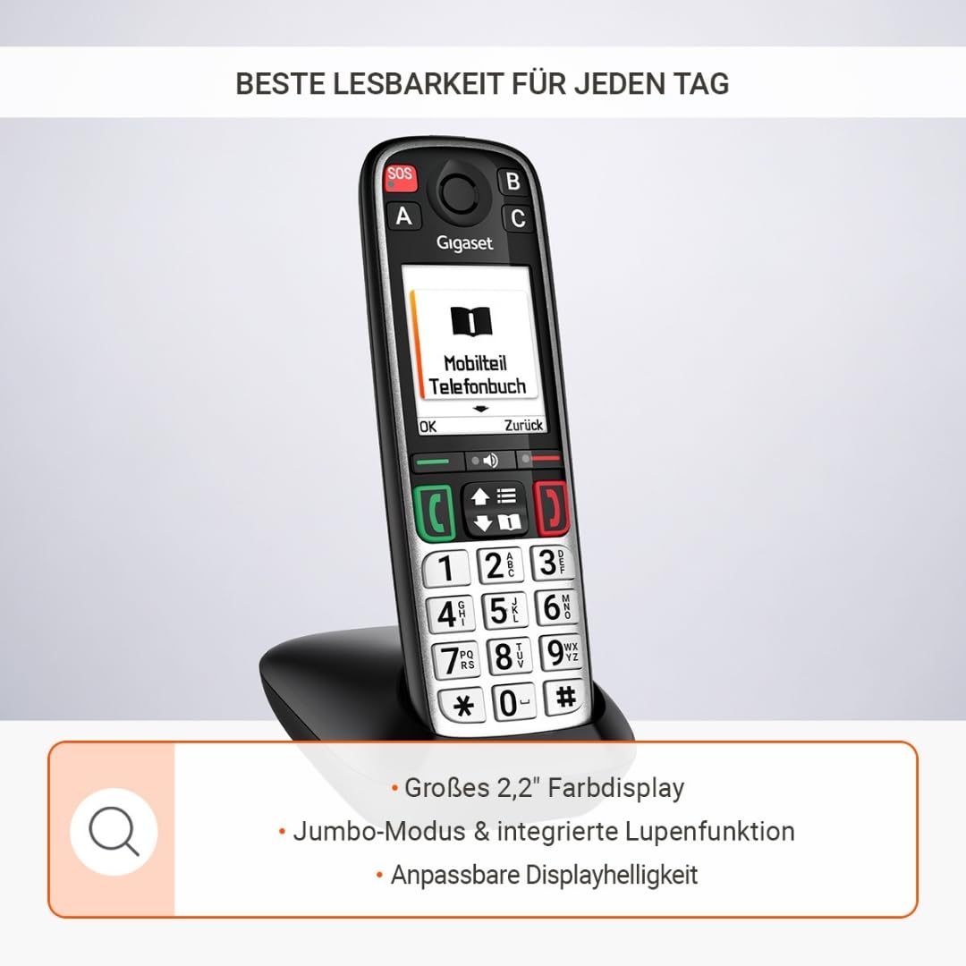 Gigaset Easy 520 Seniorentelefon mit SOS-Notruf, Direktwahltasten, Schwarz | 2,2-Zoll-Display, Freisprechfunktion, sprechende Wahltasten, Made in Germany, [Kompatibel in DE, IT, FR, NL, BE, CHE, AUT]