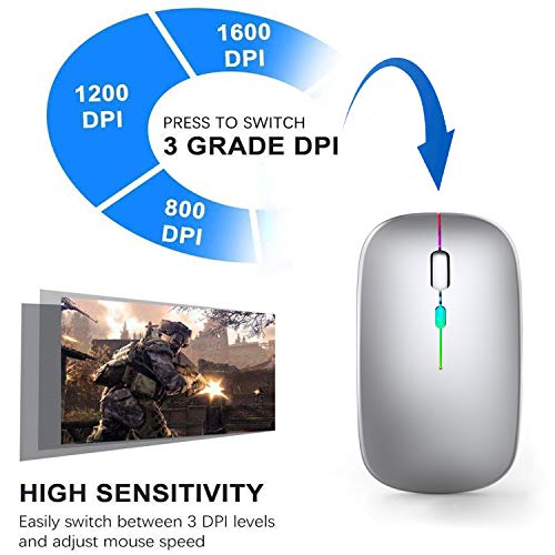 GeekerChip Mouse Bluetooth Ricaricabile,Mouse Wireless Silenzioso,Mouse Senza Fili a Due Modalità (Bluetooth 5.1+2.4G),3 Livelli DPI(800/1200/1600) Regolabili per PC(Argento)