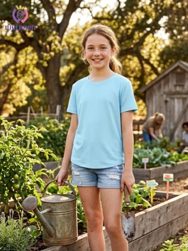 Image of WELAKEN Girls Soft T-Shirt with Curved Hem, Breathable Stretchy Rayon Crewneck Short Sleeve Tees, Kids Everyday Basic Top