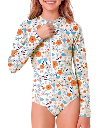 Image of Century Star UPF 50+ Girls Long Sleeve Swimsuit - Rash Guard Swimsuit Toddler Kids Teen One Piece Bathing Suit Zip 2-15Y