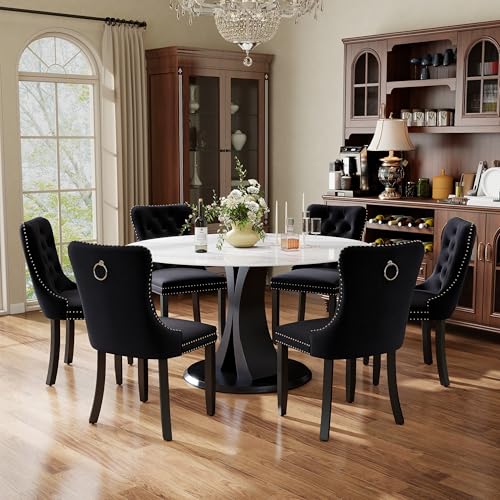 Image of 7-Piece Dining Table Set with 47In Faux Marble Table and 6 Velvet Upholstered Chairs, Modern Scandinavian Furniture for Dining Room Kitchen(Black)