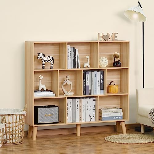 LEYAOYAO 10 Cube Bookshelf,3 Tier Modern Wide Bookcase with Legs,Mid-Century Wood Bookshelves Storage,Natural Large Book Case,Freestanding Organizer Display Shelf for Bedroom,Living Room,Office