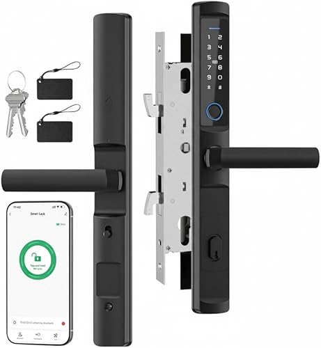Cerradura de puerta deslizante inteligente con huella digital, teclado digital y entrada sin llave. Manija de bloqueo inteligente Tuya App en negro