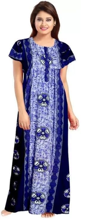 Image of NILOUFO Women's Cotton Printed Maxi Nighty - Pack of 2 | Soft Ankle-Length Sleepwear Gowns for Women | Free Size Night Dresses (Blue,Green, Free Size)