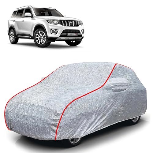 Image of Sulfar 100% Waterproof Car Body Cover Compatible with Mirror for Mahindra Scorpio N (Triple Stitched, Full Bottom Elastic, Magic Silver with Red Piping)