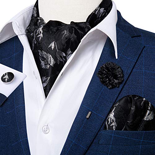 Image of DiBanGu Mens Silk Ascot Ties Paisley Jacquard Woven Cravat and Pocket Square Cufflinks with Lapel Pin for Business Wedding