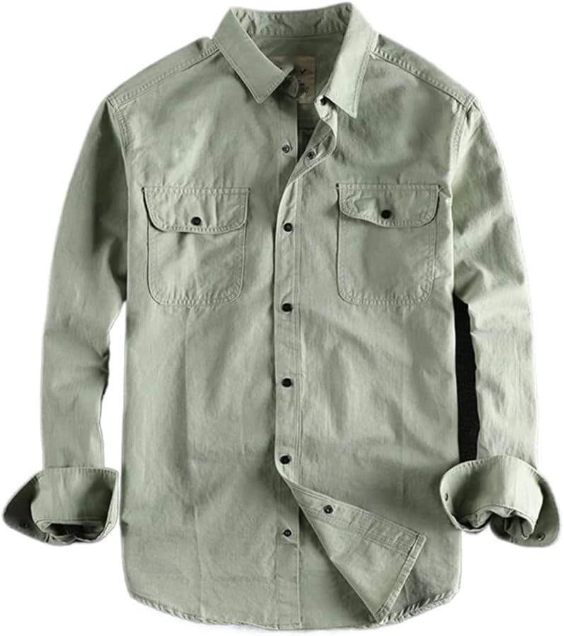 LIXINGHEITANG Men Clothing American Tooling Double Pocket Shirt green8 Wind Casual Retro Autumn