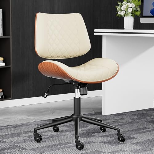 Image of Armless Office Chair with Silent Rubber Wheels, Mid Century Modern Small Desk Chair, No Arms Leather Computer Chair for Home Office, Swivel Vanity Chair, Rolling, Adjustable Height (Cream)