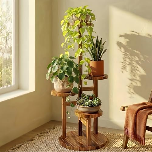 Bamworld Plant Stand Indoor Wood Plant Shelf 4 Tier Brown