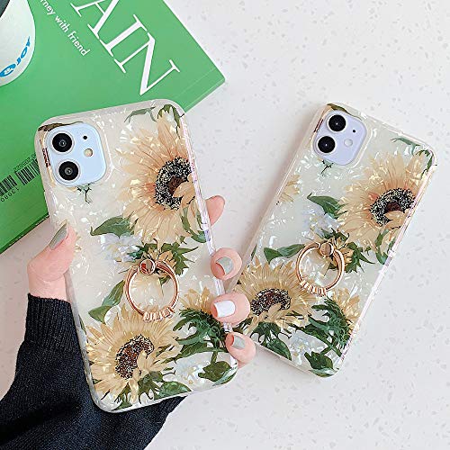 Qokey Iphone Xs Max Case,Floral Case Cute Fashion For Women Girls With 360 Degree Rotating Ring Stand Holder Kickstand Soft Tpu Shockproof Cover For Iphone Xs Max 6.5 Inch Leaf Sunflower #TOP7
