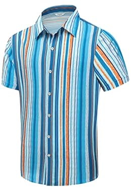 AMAZON - Simmashah Mens Hawaiian Shirt, Short Sleeves Button Down Beach Clothing, Unisex Summer Flamingos Casual Aloha Floral Shirts 2-050 Stripe Blue M