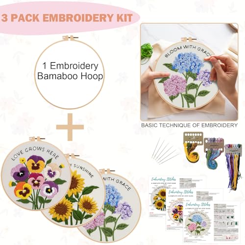 Image of Nuberlic 3 Pack Embroidery Kit for Beginners, Floral Cross Stitch Kit | Beginner Friendly Complete Embroidery Kit With Pre Printed Fabric And Premium Threads