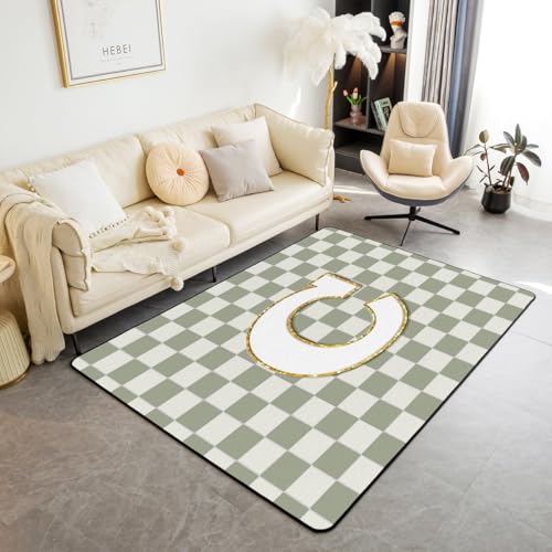Image of Erosebridal Sage Green Checkered Area Rug 3x5 Plaid Initial C Rug for Bedroom Living Room Personalized Monogram Carpet Decor Fashion Grids Gingham Indoor Floor Mat Non Slip