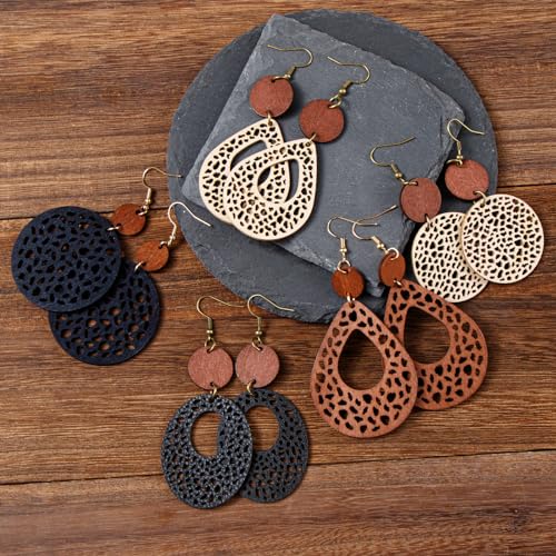 6/9 Pairs Boho Earrings Vintage Wooden Geometric Leather Earrings Flower Earrings Handmade Big Bohemian Trendy Earrings for Women4
