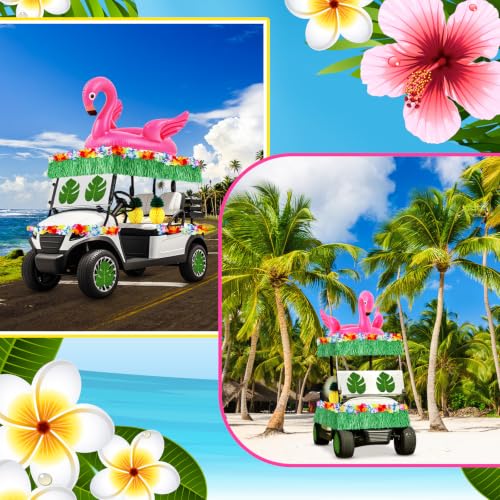 Image of WinnerWhy 29 Pcs Summer Tropical Golf Cart Parade Decorations Tropical Flower Leis Tinsel Garland Grass Fringe Banner Inflatable Flamingo Tube Paper Pineapples Leaves for Luau Party Supplies
