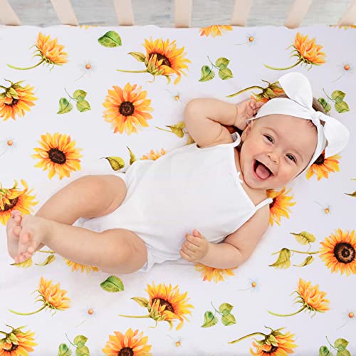 Image of JISEN Baby Crib Sheet 1 Piece Portable Fitted Crib Sheet for Standard Crib and Toddler Mattresses Nursery Bed Decor for Boys Girls 28x52 Inch Sunflowers