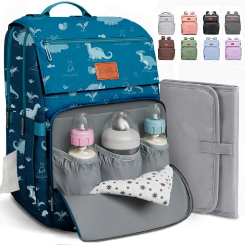 Image of PILLANI Baby Diaper Bag Backpack - Large Waterproof Travel Diaper Bag for Boys & Girls, 16 Organizer Pockets with Changing Pad, Insulated Bottle Pockets & Stroller Straps, Baby Shower Gifts, Dinosaur