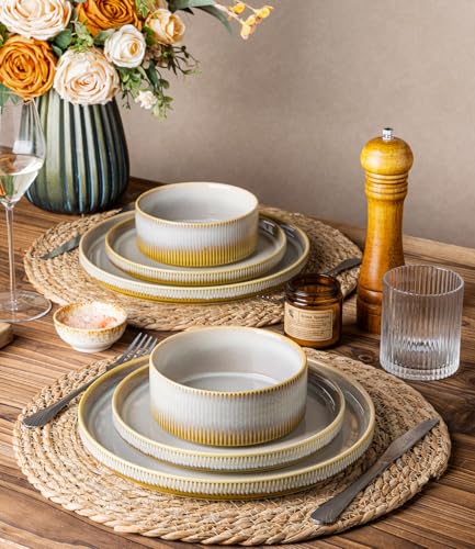 Image of TheTerra Ceramic Dinnerware Sets for 4, 12 Pieces Porcelain Lightweight Plates and Bowls Sets, Scratch Resistant Dish Set, Oven & Microwave & Dishwasher Safe, Autumn Haze