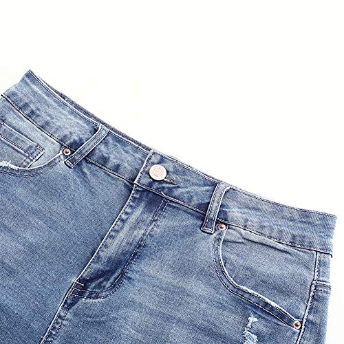 Image of THUNDER STAR Women Mid Rise Ripped Stretchy Jeans Shorts Frayed Raw Hem Casual Denim Shorts