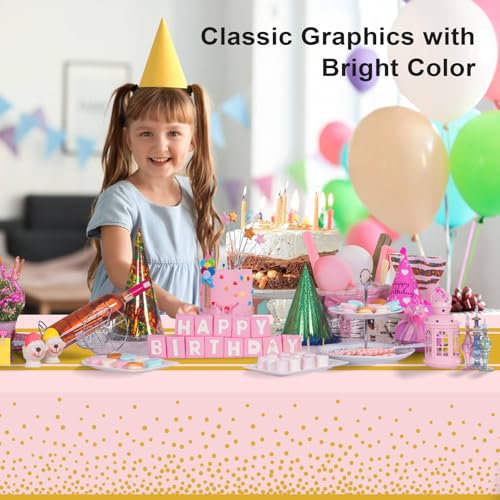 Image of 12 Pack Pink and Gold Tablecloth Party Decorations Plastic Pink Tablecloth Printed Gold Table Runner 54 x108 Inch Disposable Rectangle Table Cover for Birthday Wedding Graduation Anniversary